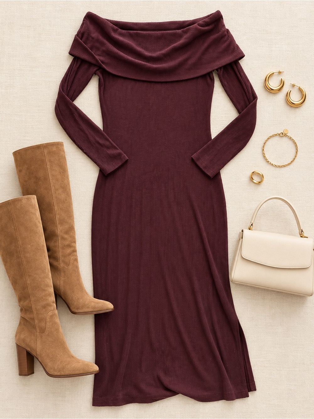 LOFT Off-Shoulder Long Sleeve Ribbed Dress - warm brown
